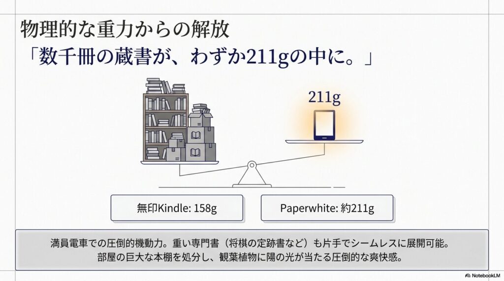 重たい本棚や段ボール箱と、わずか211gのKindle Paperwhiteを比較し、物理的な重さからの解放を表現した天秤のイラスト