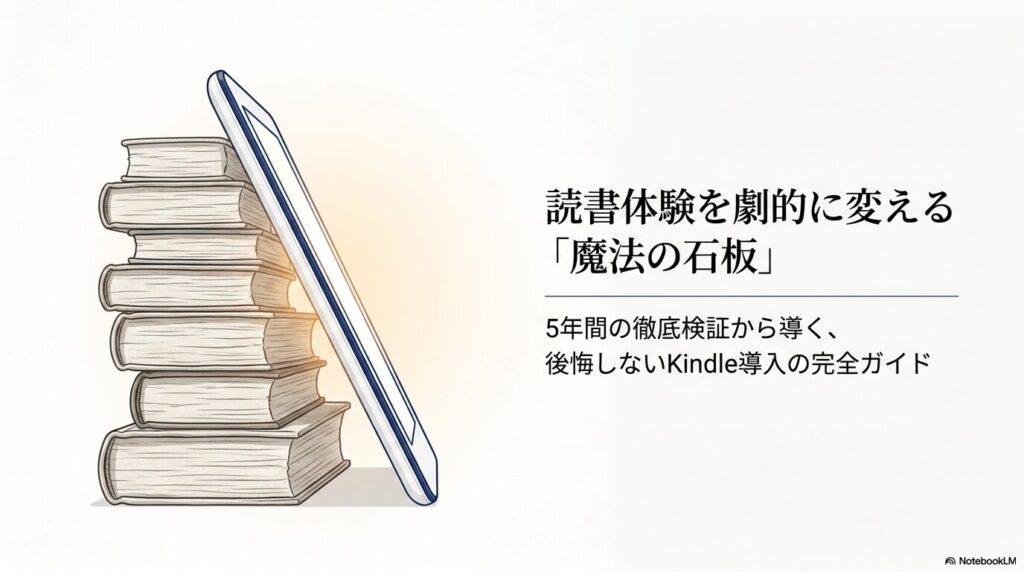 積み上げられた大量の紙の本と、そこに斜めに立てかけられた1台の電子書籍リーダーのイラスト