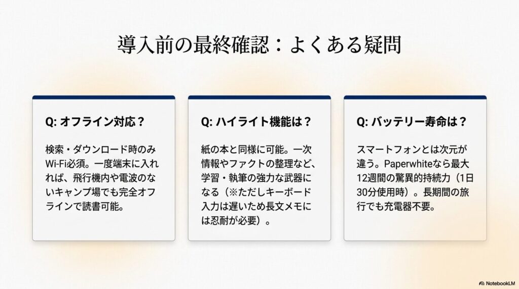 オフライン対応、ハイライト機能、バッテリー寿命など、Kindle導入前のよくある疑問と回答のまとめ
