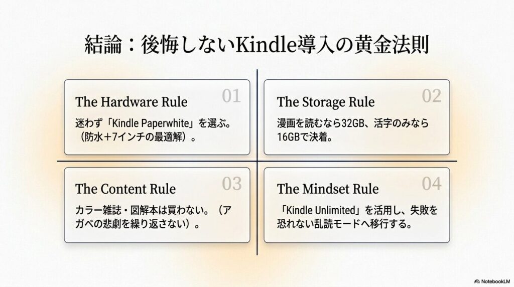 後悔しないKindle導入のために守るべき、ハードウェア、容量、コンテンツ、マインドセットの4つの黄金法則のリスト