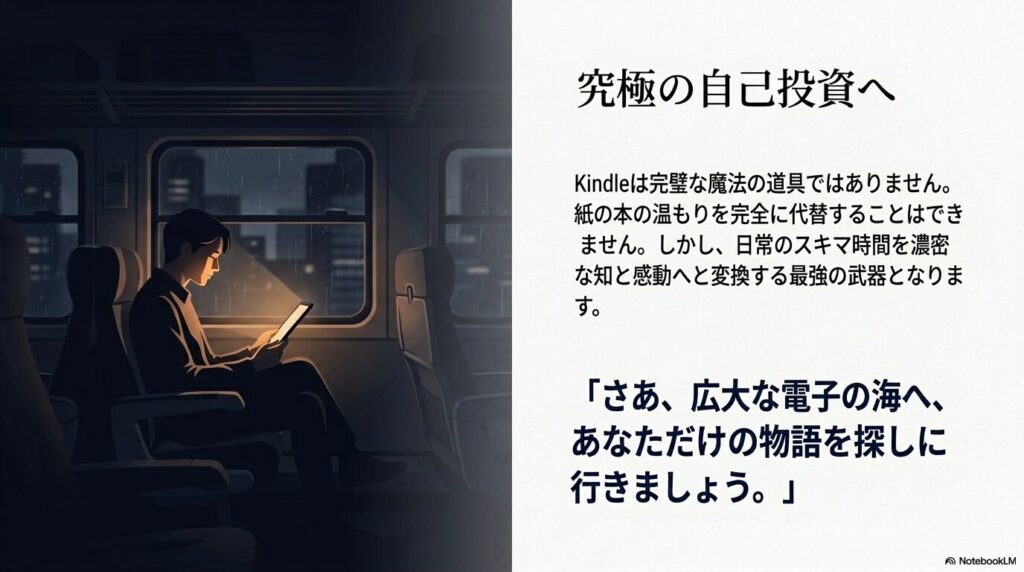 夜の暗い電車内で、雨粒が光る窓際に座り、一人静かにKindle端末の画面の光で読書に没頭する男性のイラスト