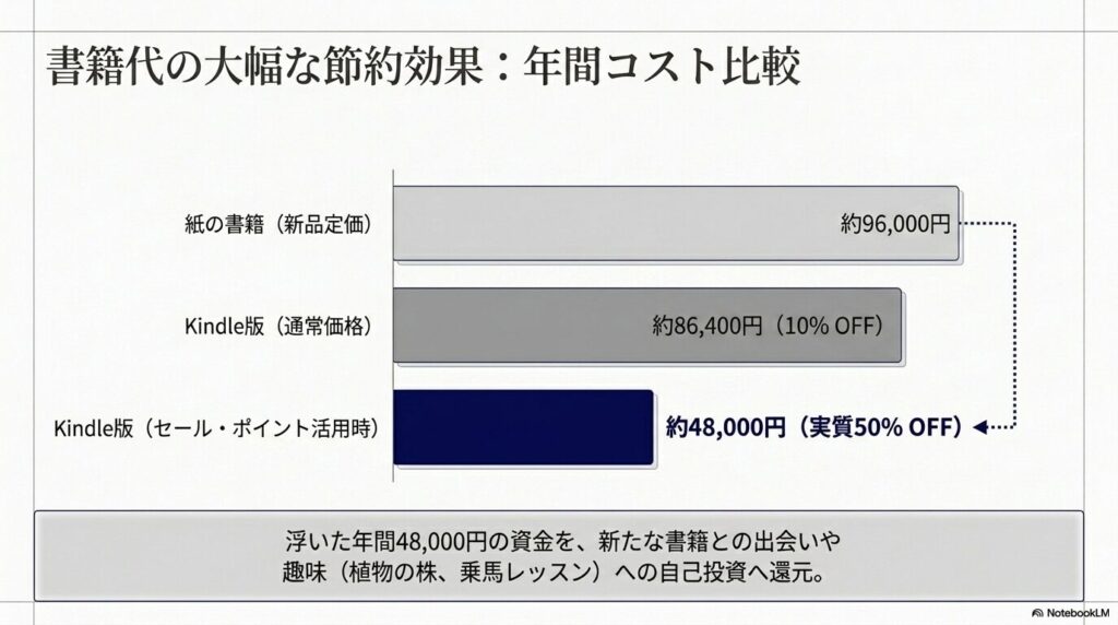 紙の書籍とKindle版（通常価格時およびセール・ポイント活用時）の年間書籍代の大幅な節約効果を示すコスト比較表