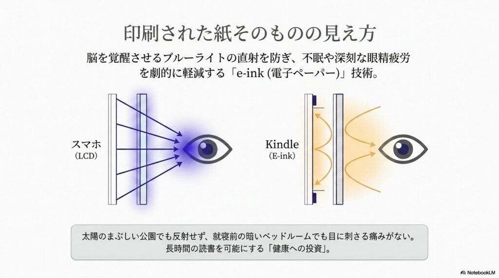 ブルーライトを発するスマートフォンのLCD画面と、目に優しいKindleのe-ink技術の仕組みを比較した図