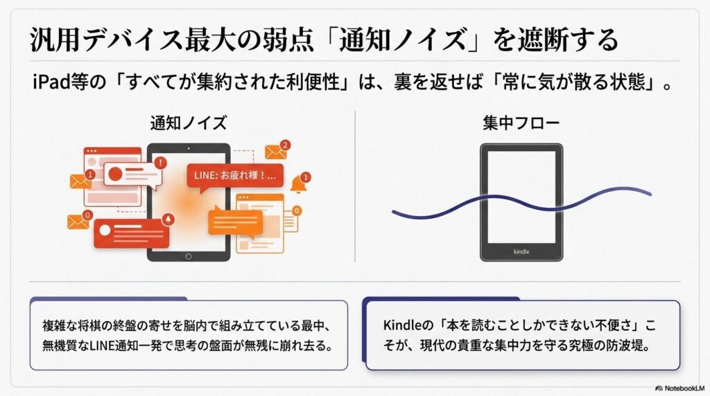 LINEなどの通知ノイズに溢れて気が散るタブレット画面と、ノイズを遮断し集中フローを維持するKindleの比較イラスト
