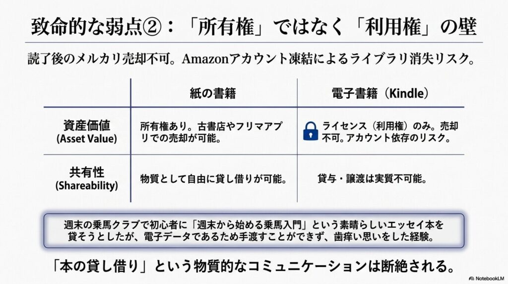 紙の書籍が持つ資産価値や共有性と、電子書籍が抱える利用権の壁や貸与不可の制約をまとめた比較表