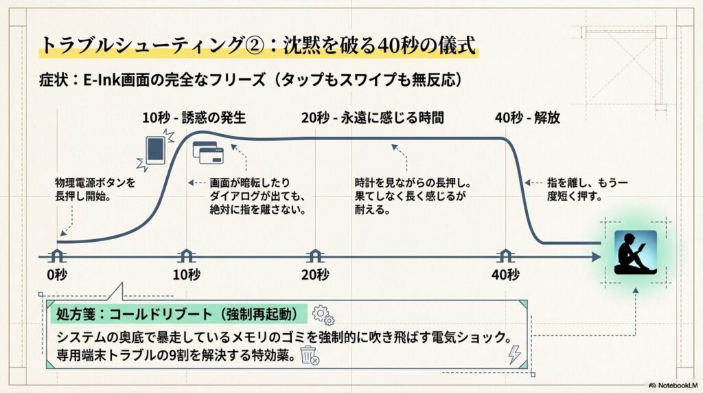 E-Ink画面がフリーズした際の物理電源ボタン40秒長押しによるコールドリブート手順