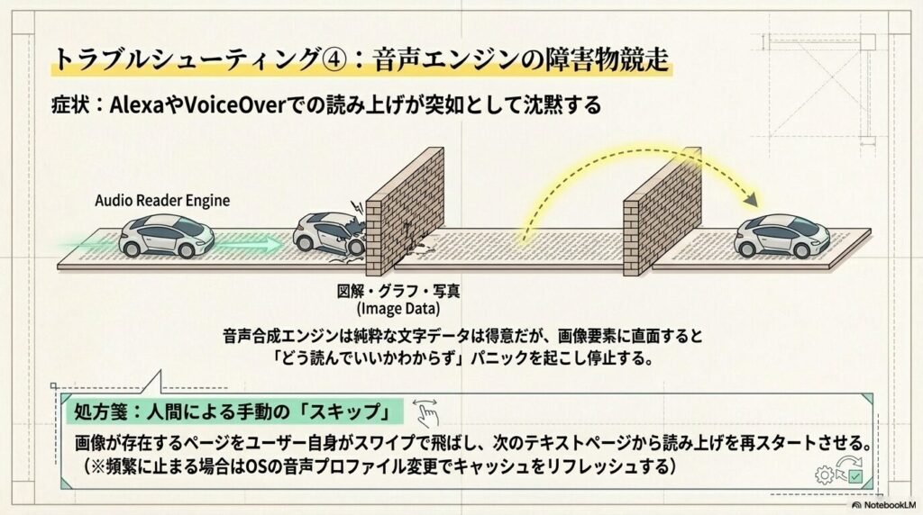 音声読み上げエンジンが図解や写真に直面して停止する仕組みと手動スキップによる回避策