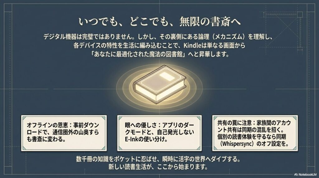 オフライン読書や眼への優しさ、アカウント共有の注意点などKindleエコシステムの総括