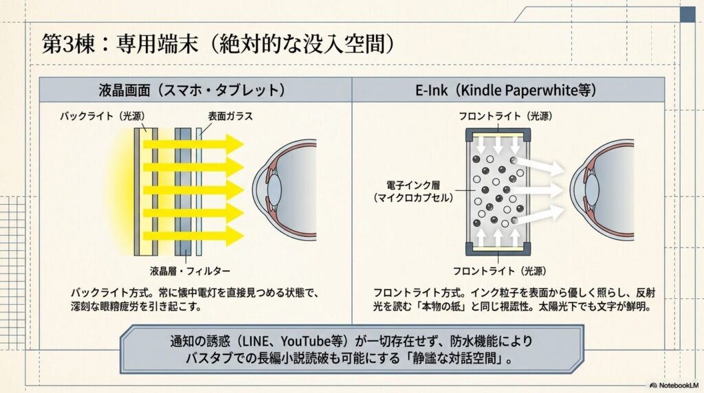 スマホの液晶画面（バックライト方式）とKindle専用端末のE-Ink（フロントライト方式）の視認性比較