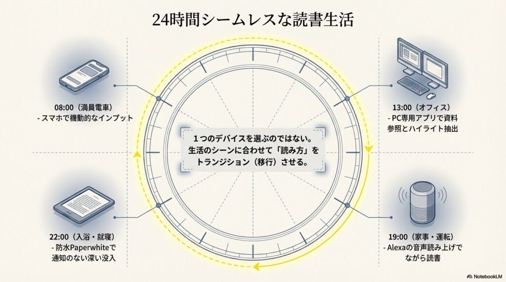 24時間の生活シーンに合わせたスマホ・PC・専用端末・音声読み上げのトランジション