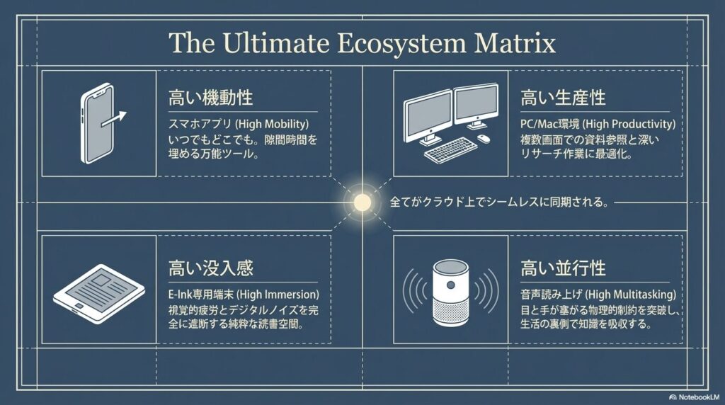 Kindleエコシステムを構成する4つの読書環境（スマホ、PC、E-Ink専用端末、音声読み上げ）の比較マトリクス図 