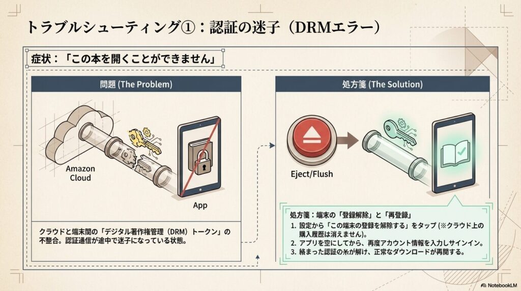 Kindleアプリで本が開けないDRMエラーの原因と端末の登録解除による解決プロセス