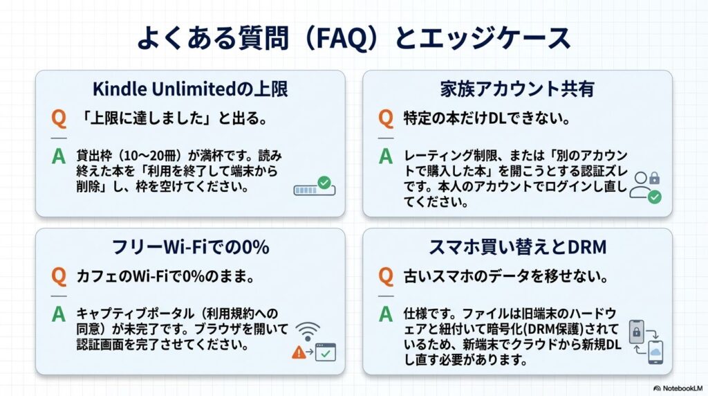 Kindle Unlimitedの上限やフリーWi-Fiでのダウンロード問題などよくある質問への回答