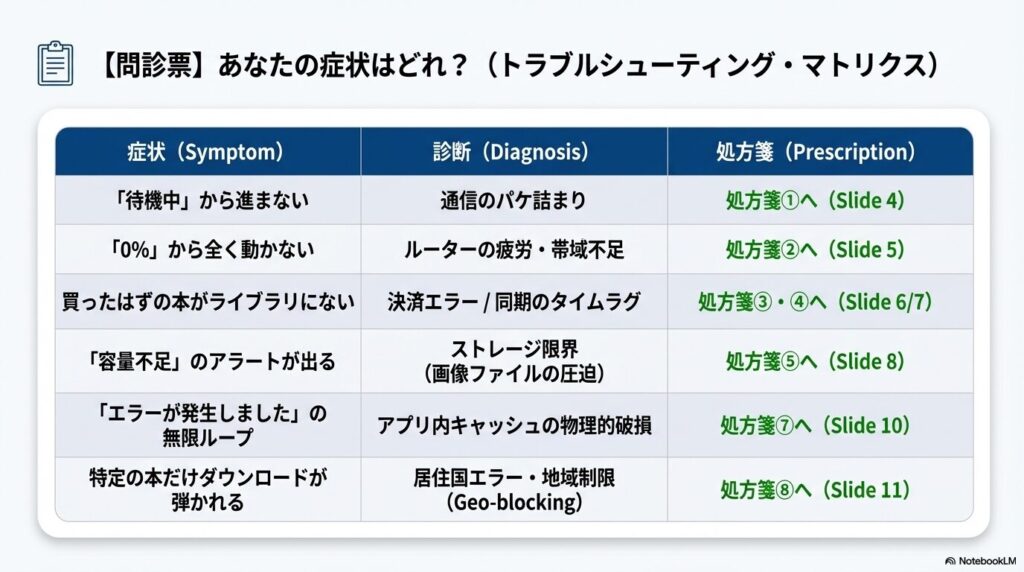 Kindleダウンロード待機中や0%などの症状別トラブルシューティングマトリクス