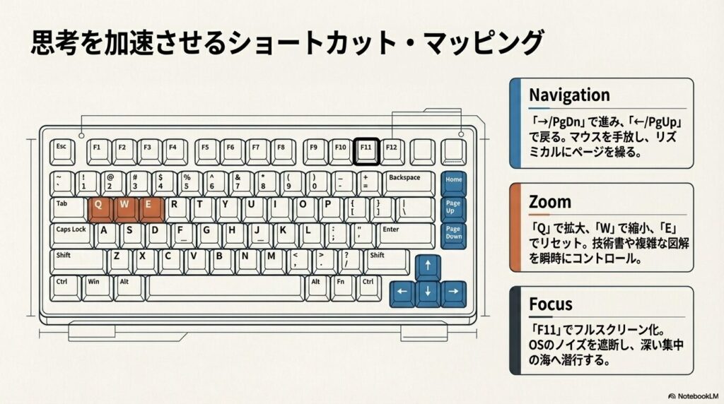 KindleをPCで読む際にページめくりや拡大縮小を効率化するキーボードショートカットの配置図