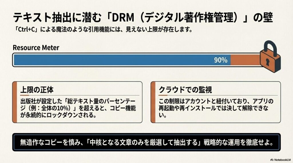 Kindle本のテキスト抽出上限（出版社設定のパーセンテージ）と永続的なコピーロックダウンの警告