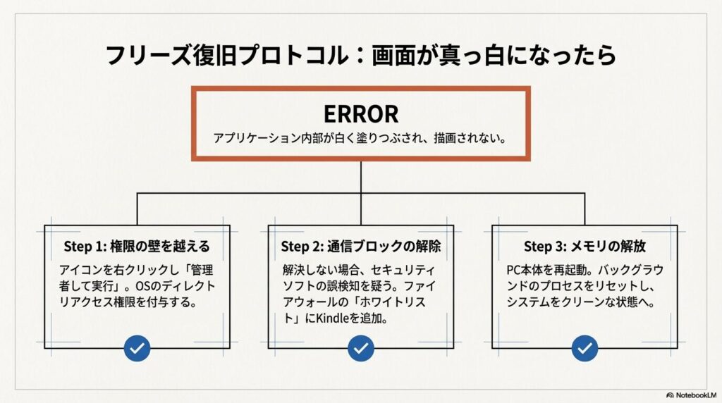 Kindleアプリの画面が真っ白にフリーズした際の権限付与、通信ブロック解除、メモリ解放の3ステップ復旧プロトコル