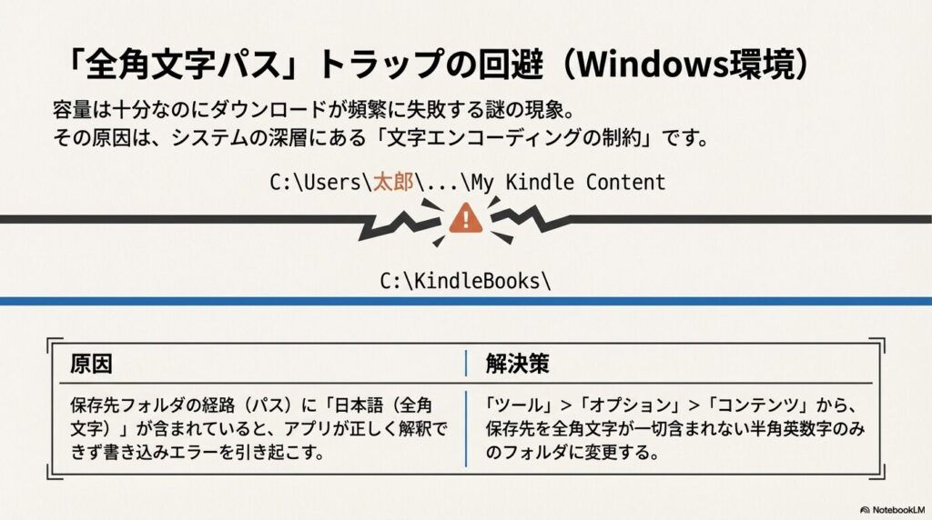 Windows環境でKindle本がダウンロードできない原因となる「全角文字パス」トラップの回避設定
