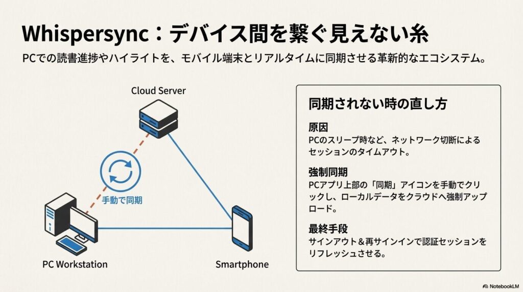PCとスマートフォン間でKindleの読書進捗を同期するWhispersync機能と手動での強制同期の仕組み