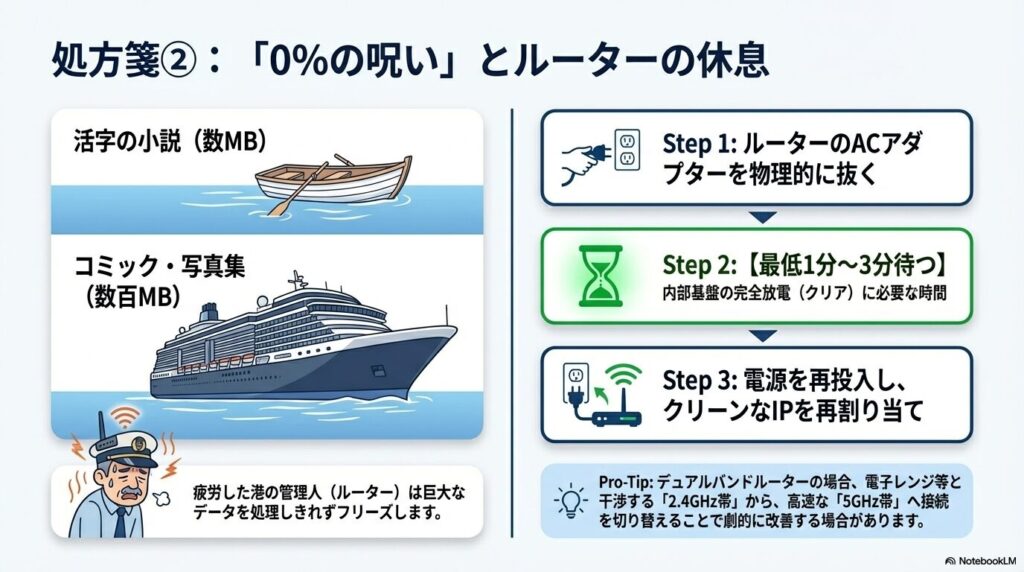Kindleダウンロードが0%から進まない時のWi-Fiルーターの放電と再起動手順