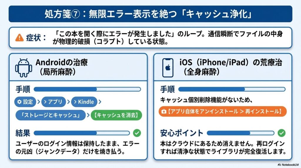 Kindleでエラーが発生しましたと表示される際のAndroidキャッシュ消去とiOS再インストールの手順