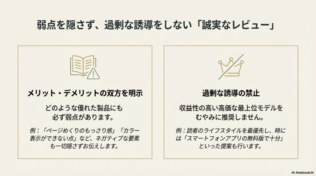 弱点となるデメリットも明示し、高価なモデルへの過剰な誘導をしない誠実なレビュー姿勢