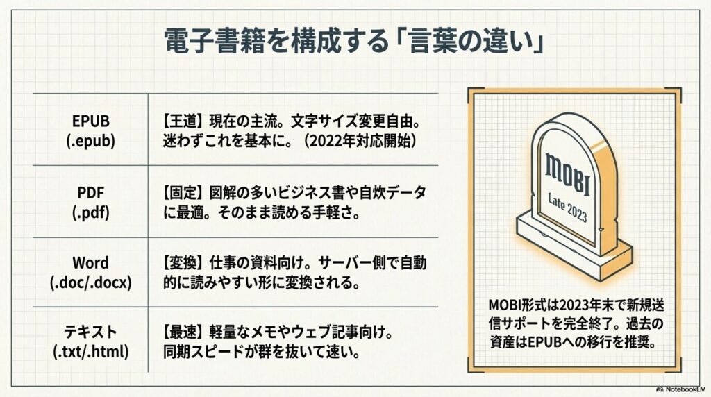 KindleでサポートされるEPUB、PDF、Word、テキスト形式の比較表
