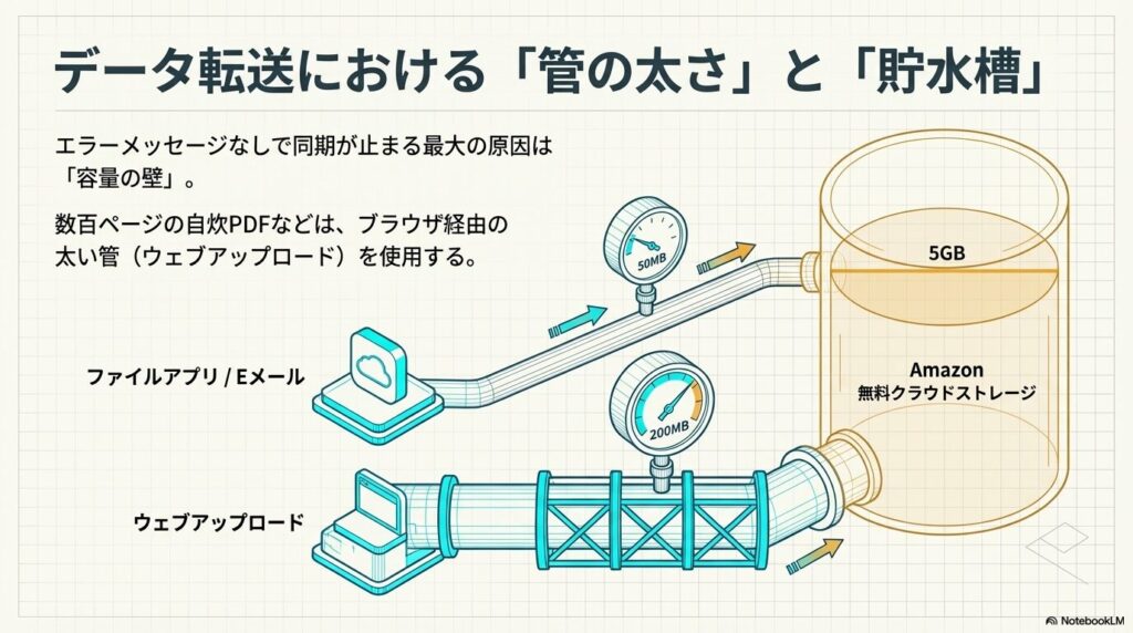 50MBの共有制限と200MBのウェブアップロード、5GBのクラウド容量の図解