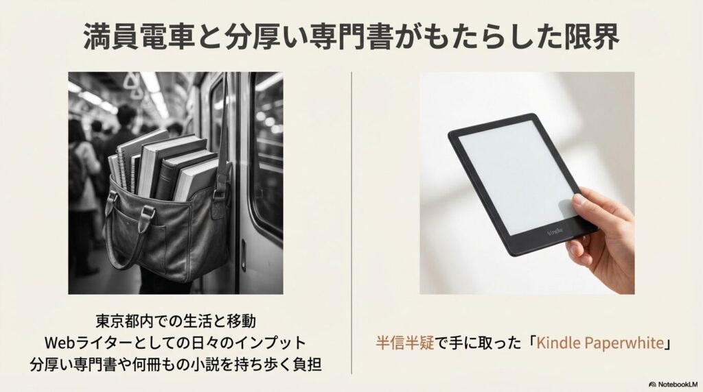 満員電車で分厚い専門書を持ち歩くカバンと、片手で持てる手軽なKindle Paperwhite