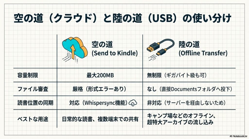 Send to Kindle（クラウド）とUSB転送（オフライン）の機能比較表