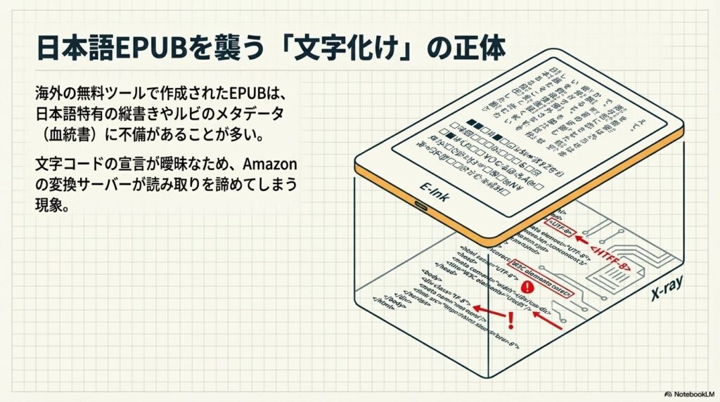 EPUB内部のUTF-8文字コード宣言と日本語メタデータの不備による文字化け