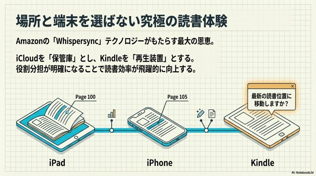 iPad、iPhone、Kindle端末間でWhispersyncにより読書位置を同期するイメージ