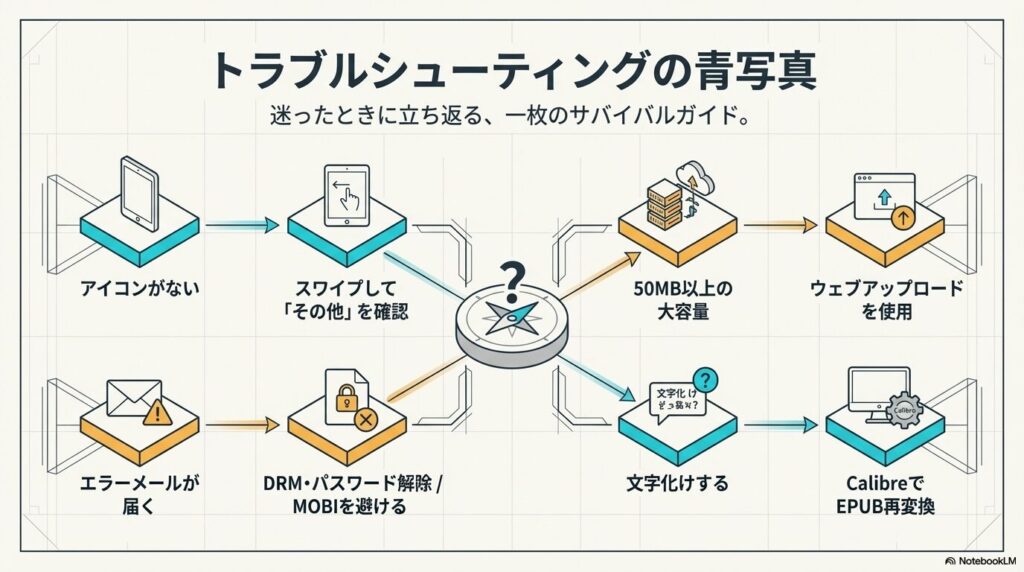 icloud kindle連携のトラブルシューティング・フローチャート（サバイバルガイド）