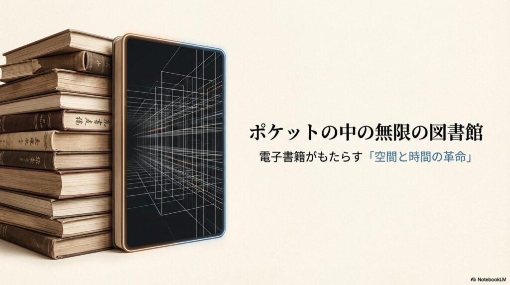 Kindle版とは何かを象徴する、大量の紙の書籍とデジタル空間が融合したイメージ画像。