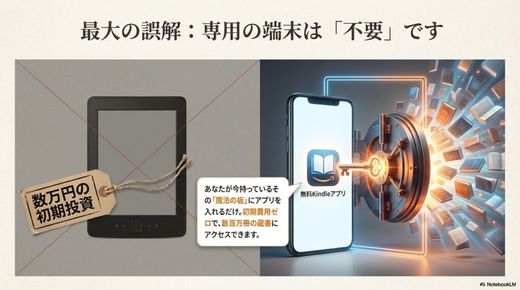 数万円の初期投資となる専用端末は不要で、無料のKindleアプリを利用してスマホで読書を始められることを示す解説図。