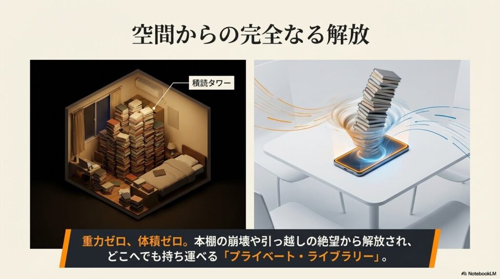 物理的な本棚の制約や積読タワーから解放され、重力ゼロでどこへでも持ち運べるプライベート・ライブラリーの概念図。