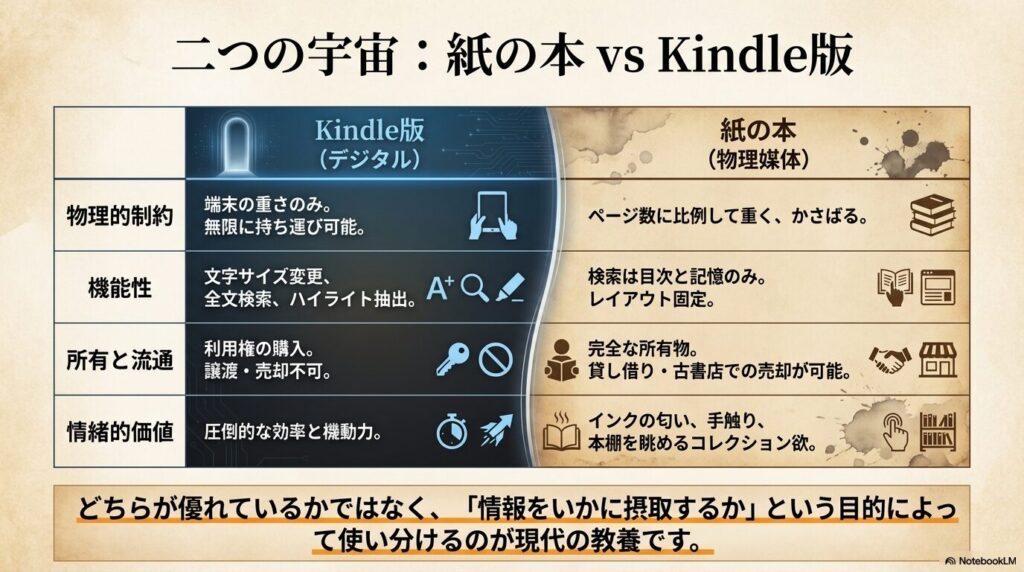 圧倒的な効率を誇るKindle版（デジタル）と、インクの匂いや所有感を楽しめる紙の本（物理媒体）の機能性や情緒的価値の比較表。