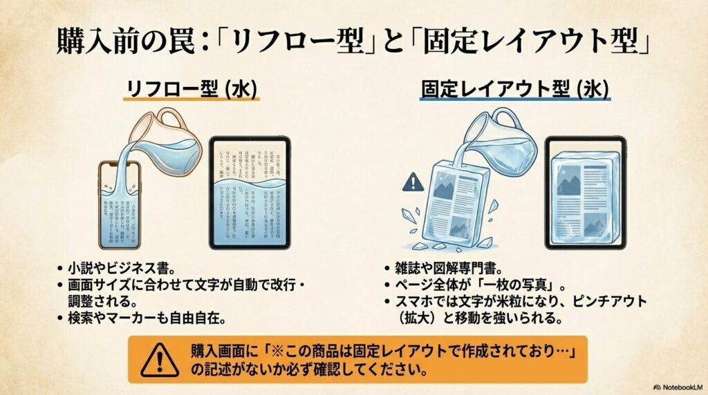 スマホの画面サイズに合わせて自動調整されるリフロー型の水と、一枚の写真のように固定された固定レイアウト型の氷を対比させた図解。