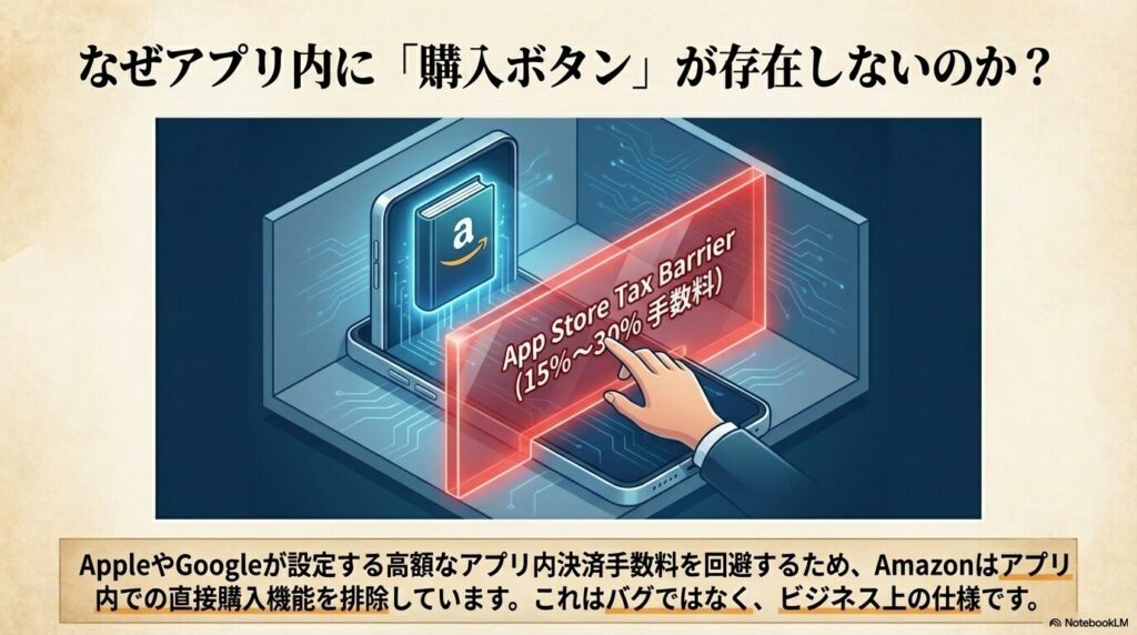 AppleやGoogleのアプリストアが設定する15%〜30%の高額な決済手数料により、Kindleアプリ内に購入ボタンが存在しない理由の解説図。