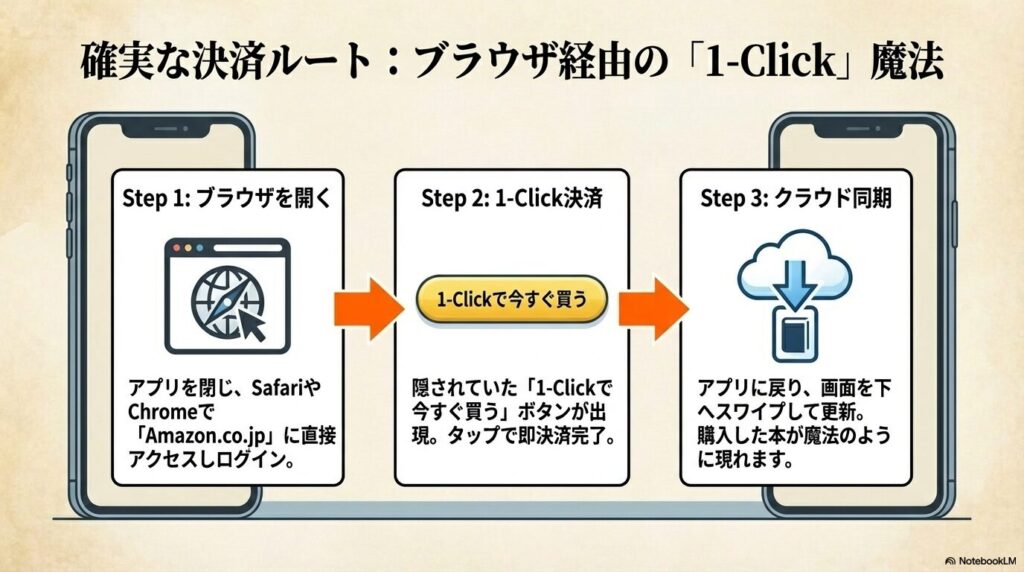 アプリを閉じてブラウザでAmazonにアクセスし、1-ClickでKindle版を購入してからアプリを更新する確実な決済手順の3ステップ。