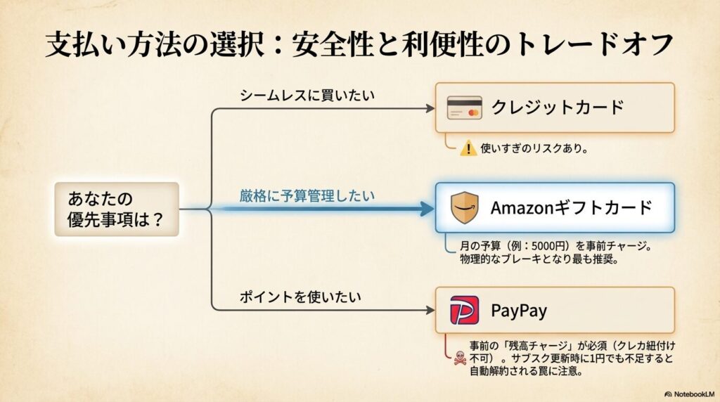 シームレスなクレジットカード、厳格に予算管理できるAmazonギフトカード、残高チャージが必須なPayPayなど、安全性と利便性の比較図。