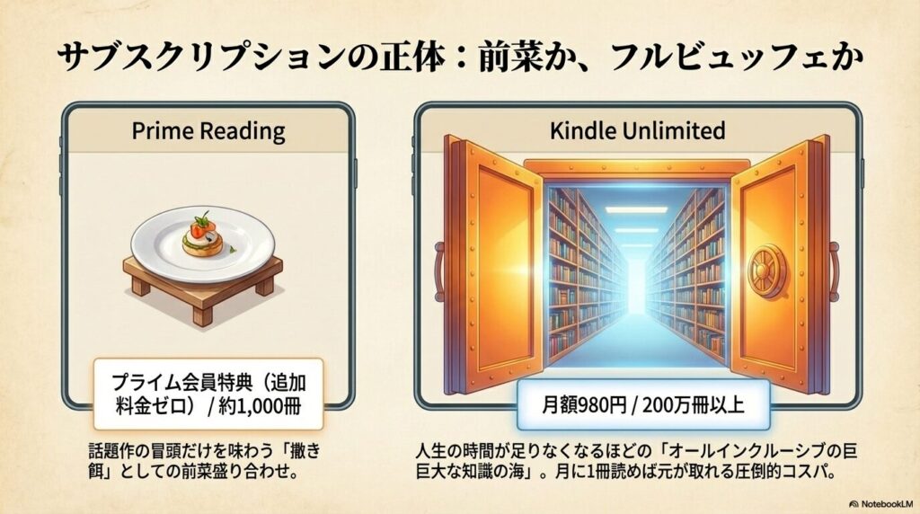 約1,000冊が読める前菜のようなPrime Readingと、月額980円で200万冊以上が読み放題となるフルビュッフェのようなKindle Unlimitedの比較図。
