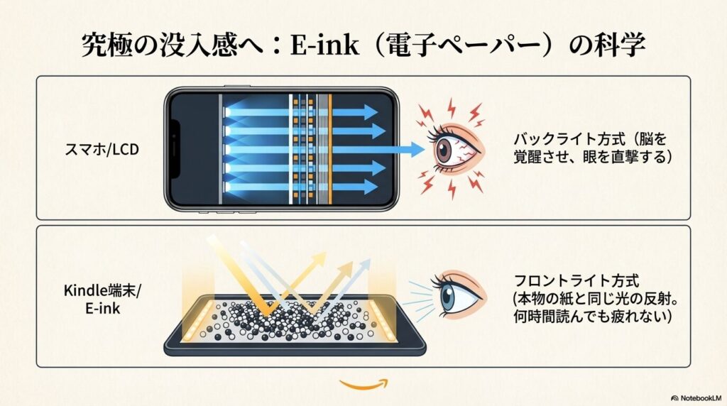 脳を覚醒させるスマホのバックライト方式と、目に優しく本物の紙と同じ光の反射を利用するKindle端末のフロントライト方式の違い。