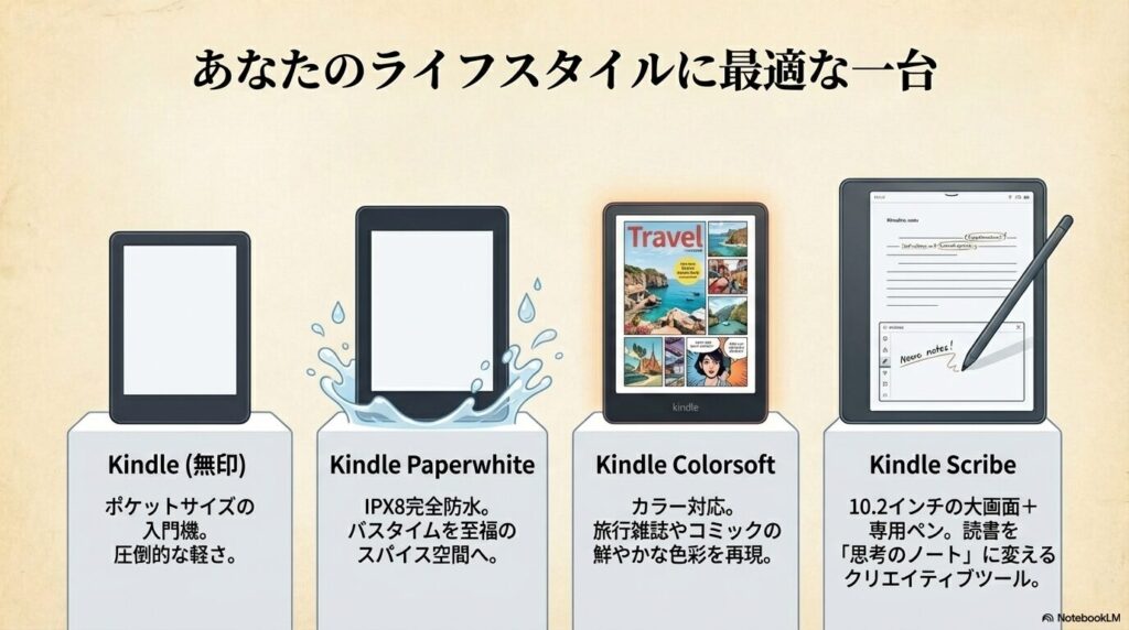 ポケットサイズの無印Kindle、防水仕様のPaperwhite、カラー対応のColorsoft、手書きペン付きのScribeなど、ライフスタイルに合わせた専用デバイス一覧。