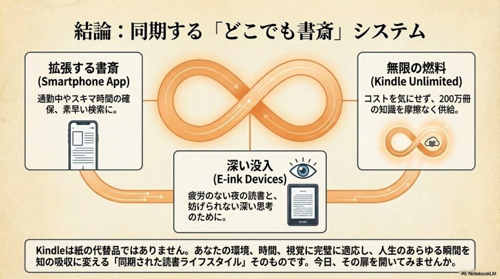拡張するスマホアプリ、無限の燃料となるKindle Unlimited、深い没入をもたらす専用端末が同期する、どこでも書斎システムの全体像。