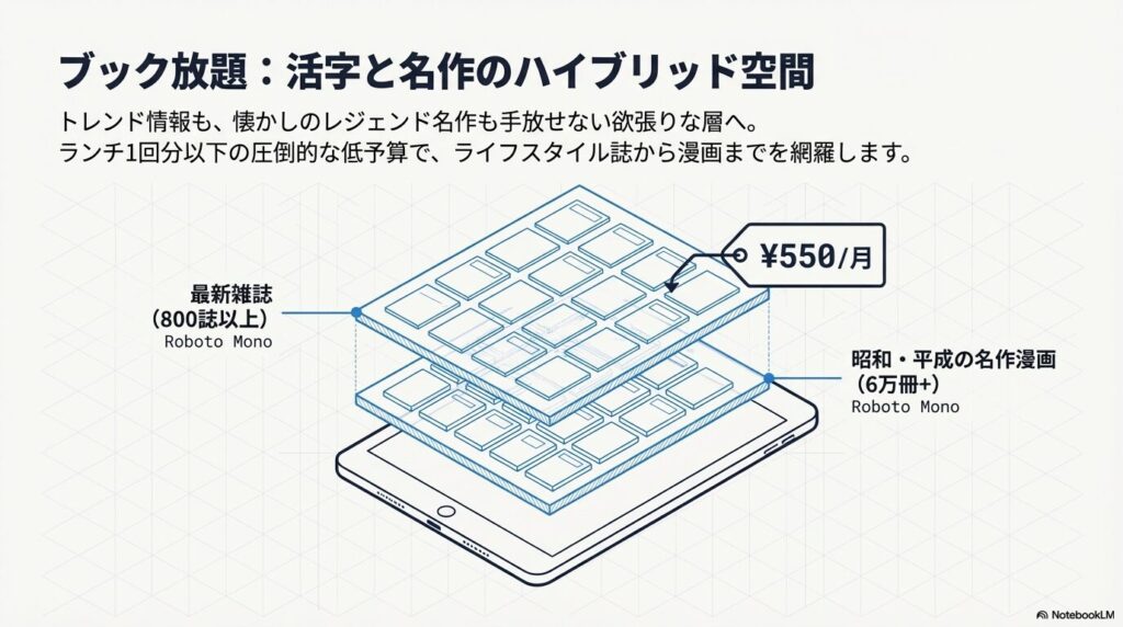 ブック放題で読み放題となる最新雑誌と昭和・平成の名作漫画のハイブリッド空間