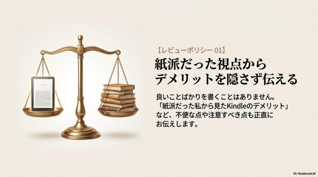 Kindleと紙の本を天秤にかけ、良い点だけでなくデメリットも隠さず伝える姿勢